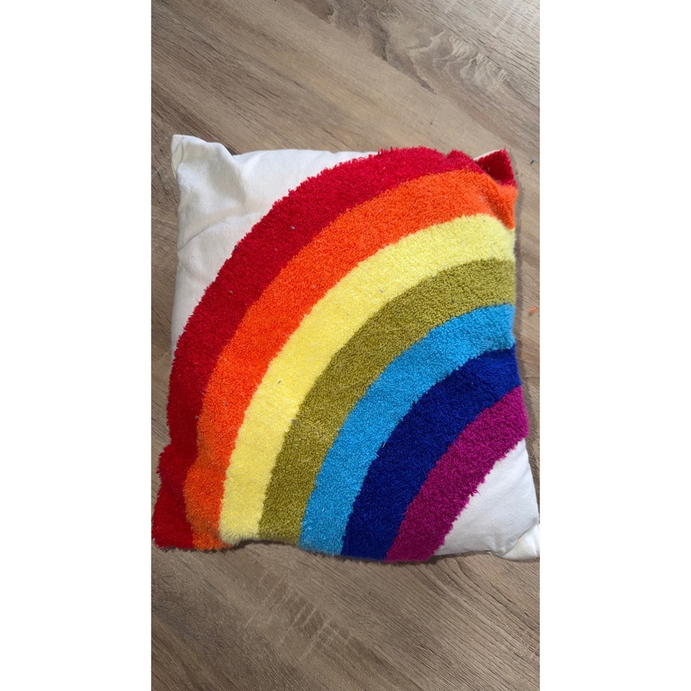 Rainbow Tufted Decorative Throw Pillow White Square Boho Accent 11x11